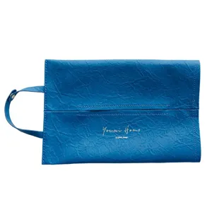 Porta fazzoletti in pelle blu martellata con cinturino per auto e arredamento casa