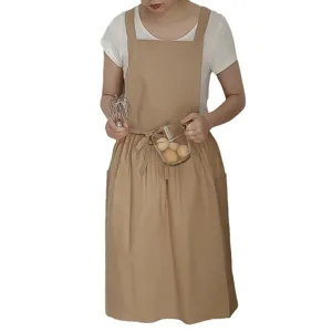 Delantal de cocina plisado de algodón caqui con bolsillos para repostería y jardín