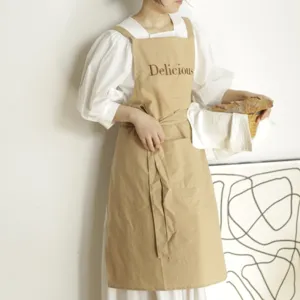 Grembiule senza maniche kaki minimalista con ricamo Delicious per cucina e pasticceria