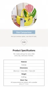Detail view of cute yellow banana canvas tote bag showing size and fabric specifications.