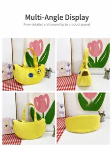 Gelbe bananenförmige Segeltuchtasche mit Stickerei aus verschiedenen Blickwinkeln