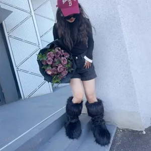 Y2K punk faux fur platform high-top boots featuring metal rivets and leather buckles