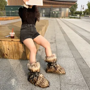 Close-up detail of Y2K punk style faux fur platform boots featuring studded buckle straps