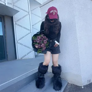 Y2K style fluffy black faux fur platform boots with buckle detailing