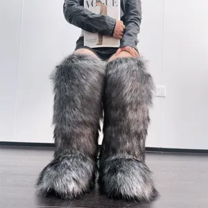 Detail view of fluffy grey faux fur knee-high boots in a stylish Y2K fashion look.