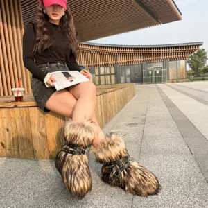 Street style Y2K punk snow boots with fluffy faux fur and studded buckle straps