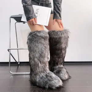 Stylish Y2K faux fur knee-high boots for winter, featuring soft grey and black textures