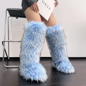 Detailed view of Y2K faux fur knee high boots in blue showing plush texture and fit