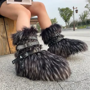 Close-up of Y2K punk faux fur snow boots with black straps and silver rivets