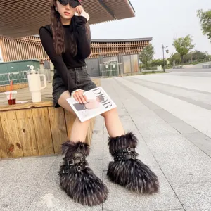 Y2K punk style faux fur platform boots with buckle straps and rivets
