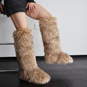 Detailed view of Y2K style light brown faux fur knee-high warm snow boots