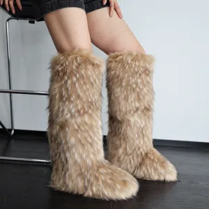 Cozy Y2K style tall snow boots made of premium fluffy faux fox fur in light brown