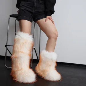 Premium Y2K style fluffy faux fox fur knee-high snow boots in orange and white gradient