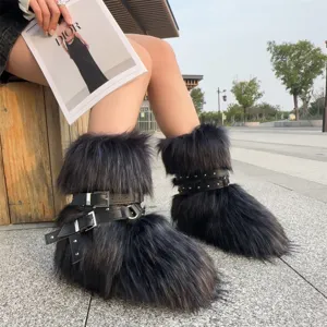 Chic Y2K punk faux fur snow boots with stylish rivet straps and belt details for women