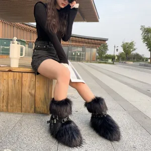 Fashionable Y2K black faux fur snow boots with punk style metal buckle and studs