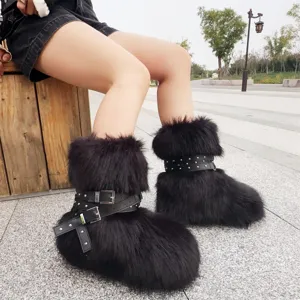 Y2K punk style black faux fur snow boots with rivet leather straps for women