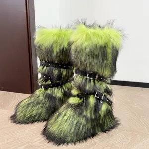 Punk style lime green and black faux fur high boots with black buckles and metal rivets.