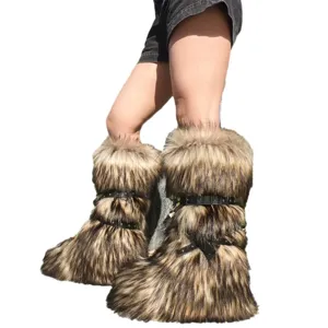 Trendy Y2K punk style faux fur snow boots with decorative rivets and buckle straps