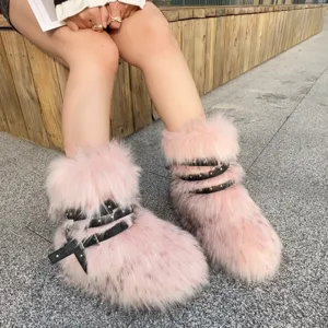 Pink faux fur snow boots featuring Y2K punk rivet buckle straps and platform soles
