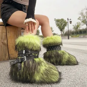Detail view of Y2K punk faux fur platform snow boots with rivet buckle straps