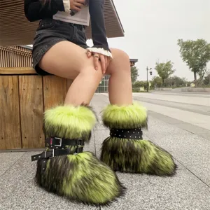 Close-up of Y2K punk style faux fur snow boots featuring neon green fur and rivet straps.