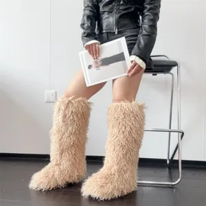 Dames Kunstvacht Kniehoge Sneeuwlaarzen Warme Winter Lange Pluche Laarzen Mode Casual Pluizige Laarzen