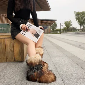 Stylish Y2K punk style faux fur boots with chunky platform sole and rivet buckles detail