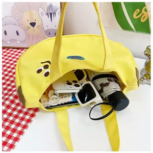 Detailansicht der niedlichen gelben Segeltuchtasche mit Stickerei und großer Kapazität