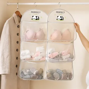 Breathable Mesh Hanging Storage Bag Wardrobe Organizer With Panda Pattern Multi-Layer Sundries Storage Pocket