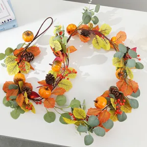 Autumn Artificial Maple Leaf Pumpkin Pinecone Wreath Thanksgiving Fall Wall Hanging Door Decor Home Floral Garland