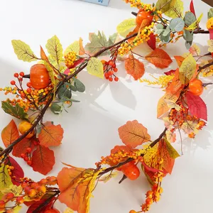 Artificial Autumn Garland with Maple Leaves Pumpkins and Berries for Home Decor