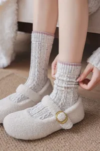 Thickened warm women winter wool socks with flecked yarn cable knit design and cozy cute look.