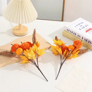 Autumn artificial velvet pumpkin maple leaf bouquet, perfect for Halloween home decoration.