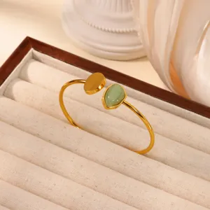 Stainless Steel 18K Gold Plated Open Cuff Bangle Bracelet with Green Imitation Jade Detail
