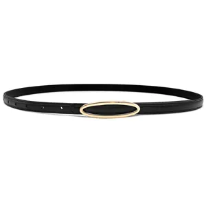 Modieuze zwarte smalle dames leren riem met elegante gouden ovale gesp hoofdfoto studio