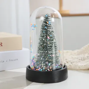 Primo piano di un mini albero di Natale in cupola di vetro trasparente con palline e base.