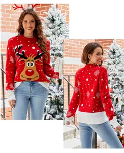 Pull de Noël pour femme, beau jacquard de renne hiver pull en tricot haut décontracté.