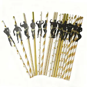 Disposable paper straws set with funny muscle man card for party drink decorations.