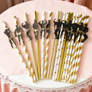 Gold and white decorative paper straws featuring funny muscle man cutout for party decor.