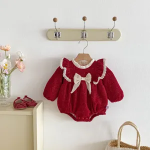 Βρεφικό χοντρό κόκκινο φιόγκο μακρυμάνικο fleece romper μωρό χειμερινή στολή 2026
