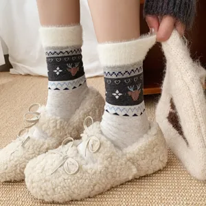 Women winter fuzzy mid-tube socks with fair isle reindeer pattern and cozy plush shoes cozy.