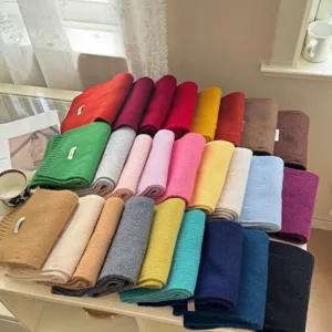 Cozy Korean style 100% wool scarf for women, assorted vibrant colors detail view display.