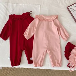 Combinaison bébé fille manches longues col volant, joli body grenouillère rouge et rose.