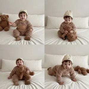 Soft fleece baby romper detail in cozy brown, showing cute bear design and snug fit in scene.