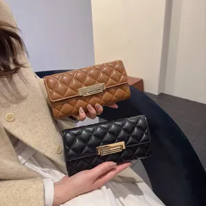 Monedero largo acolchado para mujer de cuero sintético clásico bolso de mano negro marrón