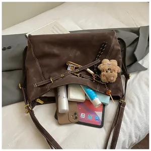 Retro brown suede shoulder tote bag for women, large capacity daily casual handbag style.