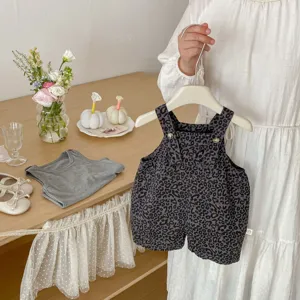 Baby leopard print overall shorts set with matching t-shirt, cute summer infant clothing apparel.