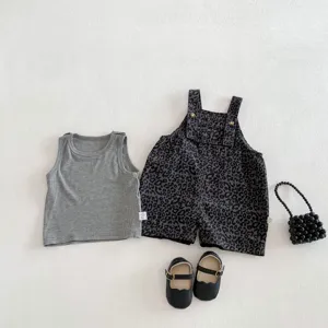 Baby summer leopard print overalls set with grey ribbed tank top for cute toddler daily wear.