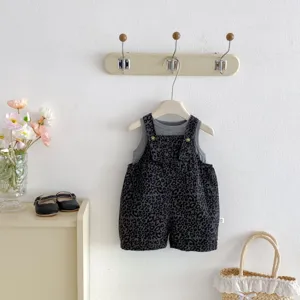 Kids summer leopard print romper and tank top set, cute infant clothing for daily wear.