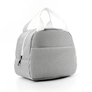 Gray white striped lunch bag portable insulated tote bag stylish commuter food storage container